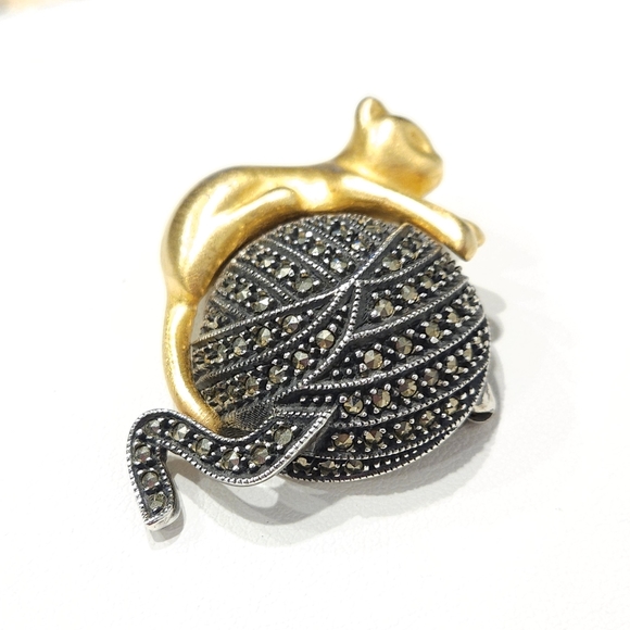 Vintage Judith Jack Golden Cat Marcasite Stones Brooch Sterling Silver 925 - Picture 10 of 15